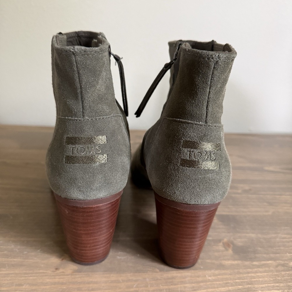 Toms‎ Womens 10 Olive Green Majorca Peep Toe Suede Ankle Booties Heels - Picture 5 of 8